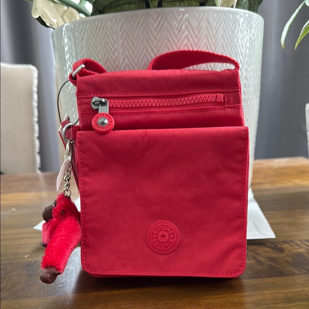 NWT Kipling Red Crossbody Bag with Textured Fabric and Silver Zippers